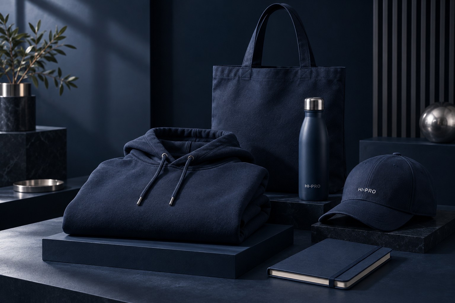 Dunkelblaue Werbeartikel und Textilien – HI-PRO Produktvisualisierung